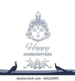 Krishna Janmashtami background in vector. Greeting card for Krishna birthday. Illustration of India community festival Krishna Janmashtami. Image peacocks and a mosque.