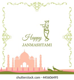 Krishna Janmashtami background in vector. Greeting card for Krishna birthday. Illustration of India community festival Krishna Janmashtami. Image peacocks and a mosque.