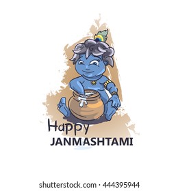 Krishna Janmashtami background in vector. Little cartoon Krishna with a pot of butter. Greeting card for Krishna birthday. Illustration of India community festival.