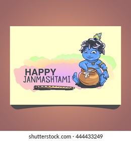 Krishna Janmashtami background in vector. Little cartoon Krishna with a pot of butter. Greeting card for Krishna birthday. Illustration of India community festival.