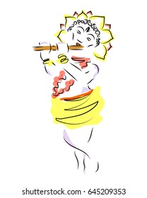 Krishna. Janmashtami. The birth of Krsna. The silhouette of the deity with the flute is painted with colors. Sketch.