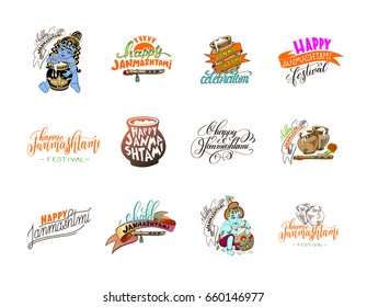 krishna janmashtami celebration logo design to indian holiday banner, greeting card, vector illustration 