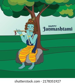 Krishna Janmashtami Cute Festival Poster. Lord Krishna playing flute in evening under a tree. Greeting card, flyer, banner, social media post flat vector illustration for invite, promotion, advertise