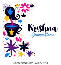 Krishna Janmashtami design template with abstract colorful elements on white background. Useful for posters, cards and advertising.