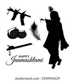 Krishna Janmashtami elements of lord krishna vector in black color.