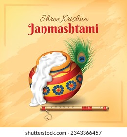 krishna janmashtami festival banner illustration with dahi handi and bansuri