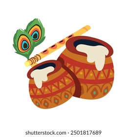 krishna janmashtami festival clay pot and flute isolated