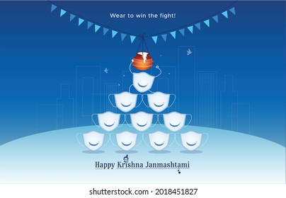 Krishna Janmashtami festival concept background with corona covid 19 safety mask and dahi handi breaking team activity