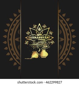 Krishna Janmashtami gold logo design on black background. Greeting card for celebrating Krishna's birthday. Vector illustration