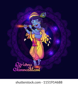 Krishna Janmashtami greeting card. Vector image of young Lord Krishna. Colorful illustration on dark blue background with mandala and handwritten lettering.