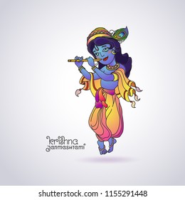 Krishna Janmashtami greeting card. Vector image of young Lord Krishna. Colorful illustration on white background with handwritten lettering.
