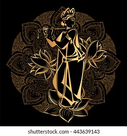 Krishna Janmashtami - Hindu festival. Hare Krishnas. Golden Krishna playing a flute on a black background and the mandala background