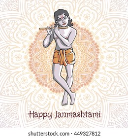 Krishna Janmashtami - Hindu festival. Hare Krishnas. Golden Krishna playing a flute on a black background and the mandala background vectoe art