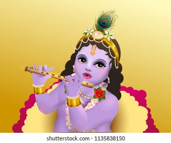 Krishna Janmashtami indian religious holiday God birthday. Blue boy playing flute. Vector cartoon illustration