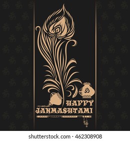 Krishna Janmashtami logo design on black background.   Greeting card for celebration of the birth of the Hindu deity Krishna. Vector illustration
