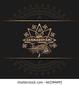 Krishna Janmashtami logo design on black background. Greeting card for celebrating Krishna's birthday. Vector illustration