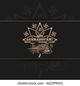 Krishna Janmashtami logo design on black background. Greeting card for celebrating Krishna's birthday. Vector illustration