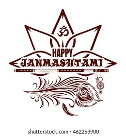Krishna Janmashtami logo icon with peacock feather, flute and lettering - Happy Janmasthami. Celebration of the birth of Lord Krishna. Vector illustration