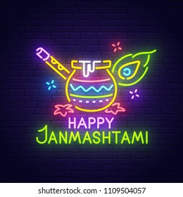 Krishna Janmashtami neon sign, bright signboard, light banner. Happy Janmashtami logo, emblem. Vector illustration