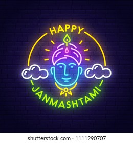 Krishna Janmashtami neon sign, bright signboard, light banner. Happy Janmashtami logo, emblem. Vector illustration