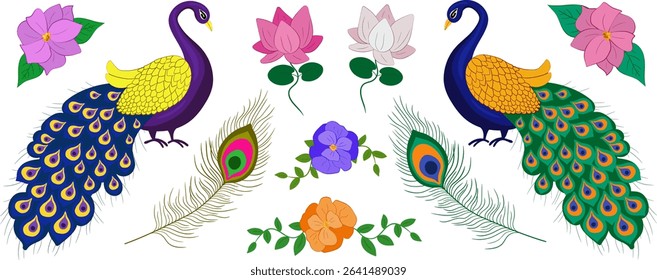 krishna janmashtami vector elements set vibrant peacocks lotus flowers and feathers for festive designs indian religious festival graphics traditional symbols