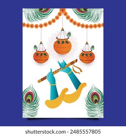 Krishna Janmashtmi Tarjeta de Felicitación Poster Plantilla. Señor Krishna con dahi handi y pluma de pavo real