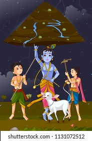 Krishna lifting mountain on Janmashtami background in vector