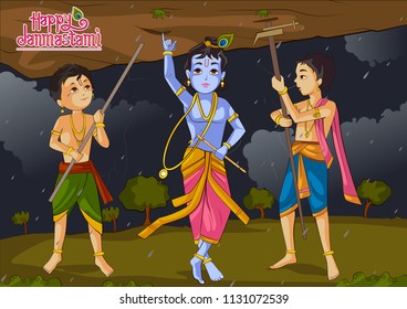 Krishna lifting mountain on Janmashtami background in vector