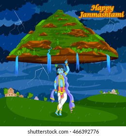 Krishna levantando la montaña en el fondo Janmashtami en el vector