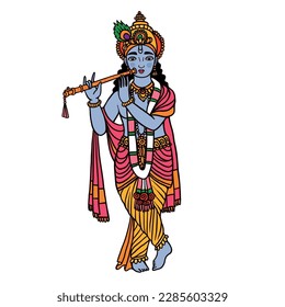 Krishna as major deity in Hinduism for educational books. Vector color image of Indian god perceived as prophet and protector in popular South Asian culture