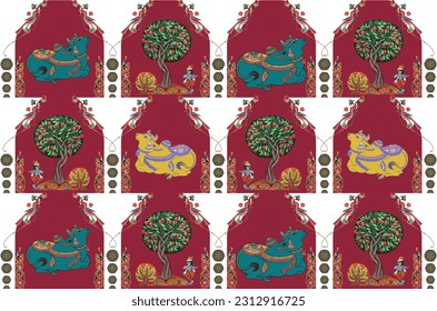 Krishna and Nandi floral traditional pattern abstract background