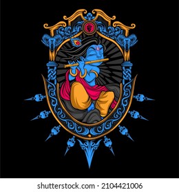 krishna play flute on the rock illustration with awesome background