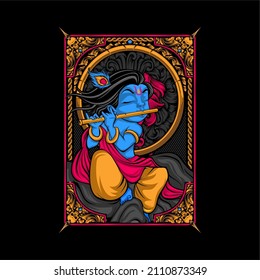 krishna play flute on the rock illustration with awesome background