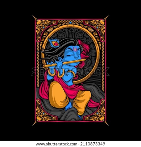 krishna play flute on the rock illustration with awesome background