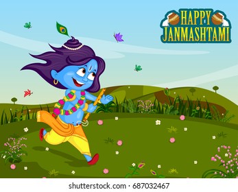 Krishna playing flute on Janmashtami background in vector