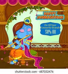 Krishna playing flute on Janmashtami background in vector