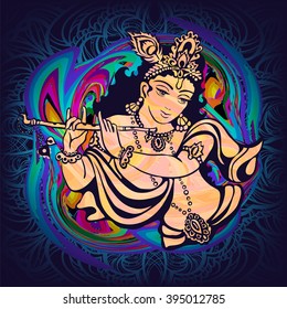  Krishna playing the flute on a psychedelic background. Vector poster for a party, printing on T-shirts, greeting cards or invitations