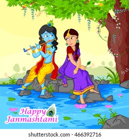 Krishna playing flute with Radha on Janmashtami background in vector