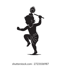 Krishna playing flute standing silhouette vector illustration, perfect for Hindu religious designs, spiritual artwork, festival posters, cultural projects, devotional graphics, and traditional worship-themed art.