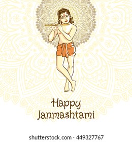 Krishna playing the flute. Vector illustration for the Indian festival of janamashtmi celebration against the background of the mandala art