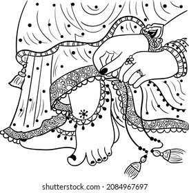 Krishna wearing anklets to his beloved Radha. Indian bride and groom vector line art drawing clip art. Indian wedding symbol line art of bride and groom vector.