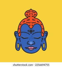 Krishna's face. Indian deity. Flat bright illustration in 60s psychedelic style.