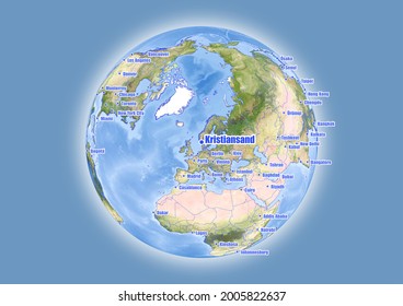 Kristiansand-Norway is shown on vector globe map. The map shows Kristiansand-Norway 's location in the world.