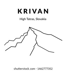 Krivan peak, High Tatras mountains, Slovakia. Vector isolated black and white outline illustration. Print design. - Vector