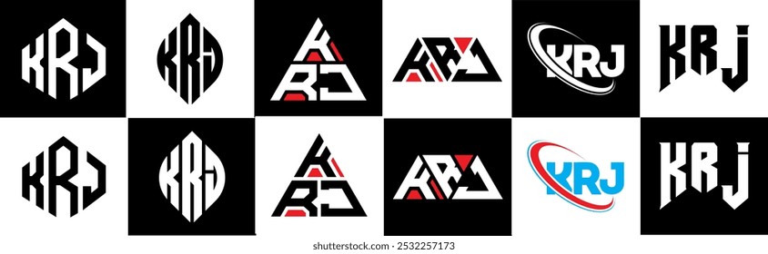 KRJ letter logo design in six style. KRJ polygon, circle, triangle, hexagon, flat and simple style with black and white color variation letter logo set in one artboard. KRJ minimalist and classic logo