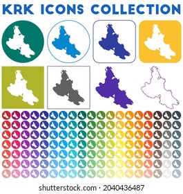 Krk icons collection. Bright colorful trendy map icons. Modern Krk badge with island map. Vector illustration.