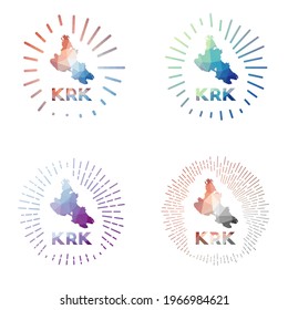 Krk Low-Poly-Sonnenburstuntergang. Logo der Insel im geometrischen Polygonstil. Vektorgrafik.