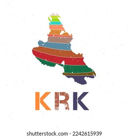 Krk map design. Shape of the island with beautiful geometric waves and grunge texture. Powerful vector illustration.