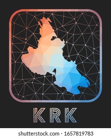 Krk map design. Vector low poly map of the island. Krk icon in geometric style. The island shape with polygnal gradient and mesh on dark background.