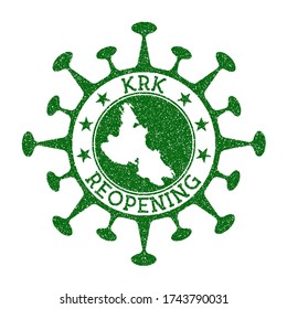 Krk Reopening Stamp. Green round badge of island with map of Krk. Island opening after lockdown. Vector illustration.